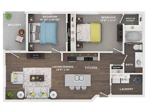 Floor plan for 2 beds, 1 bath, 910 sqft
